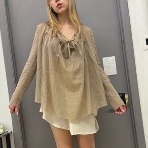 Marni Taupe Brown Cotton Long Sleeve Cowl Neck Bow Toe Top Blouse